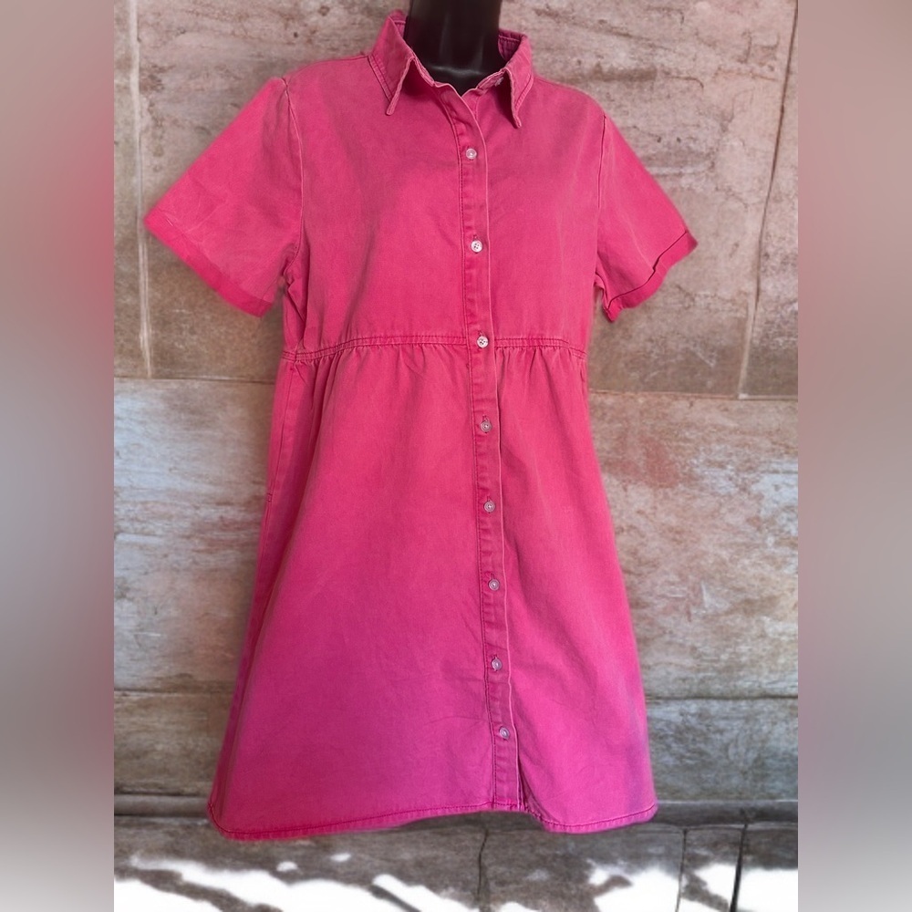 NWOT Women's Casual Short Sleeve Button Down Tiered Denim Babydoll Jean Dress M
